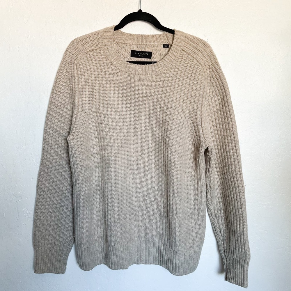 All Saints Ribbed Crewneck Oversized Knit Sweater Wool Small Tan Khaki Classic - Picture 1 of 9